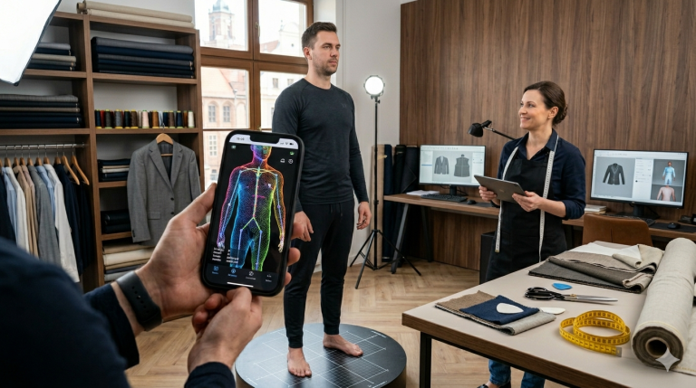 Obraz przedstawia nowoczesną pracownię krawiecką łączącą tradycyjne rzemiosło z technologią fashion tech